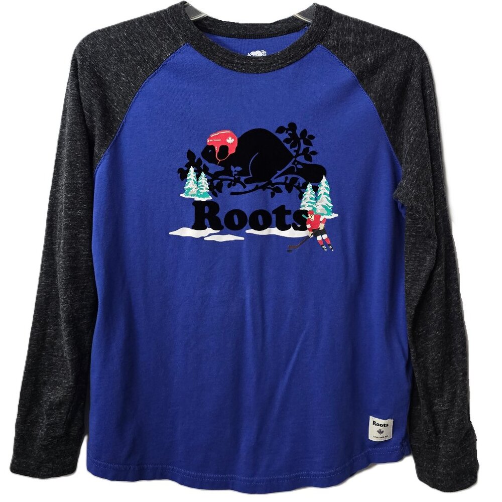 Roots Beaver Raglan Shirt Top 11 12 XL Kids Winter Hockey Player Blue School BTS